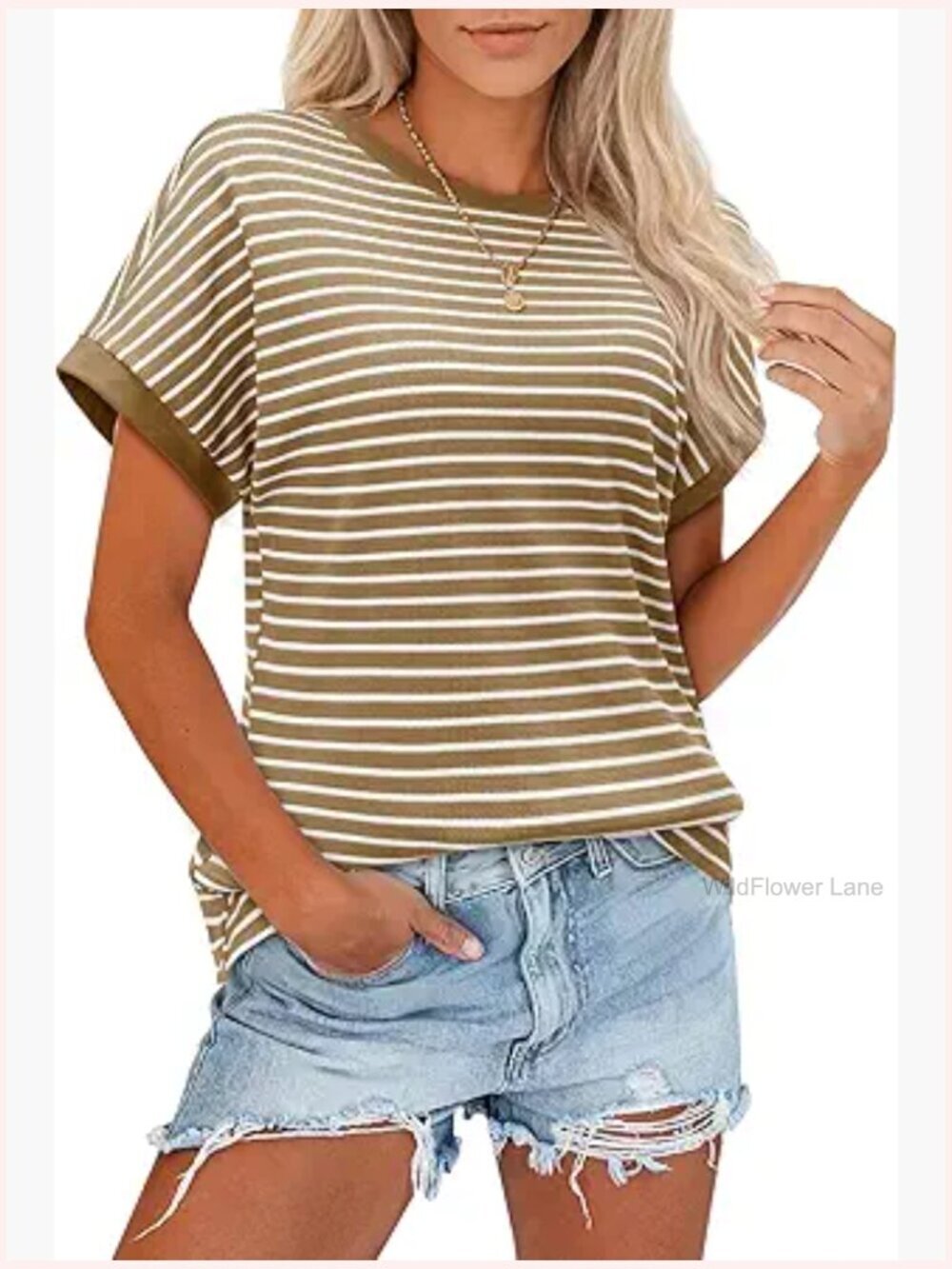 Short Sleeve Crochet Top Striped Knit Ribbed Tee Blouse T-Shirt Casual Basic